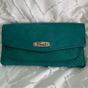 VTG Fossil Olivia Flap Clutch Wallet Teal Blue 7.25”x4”